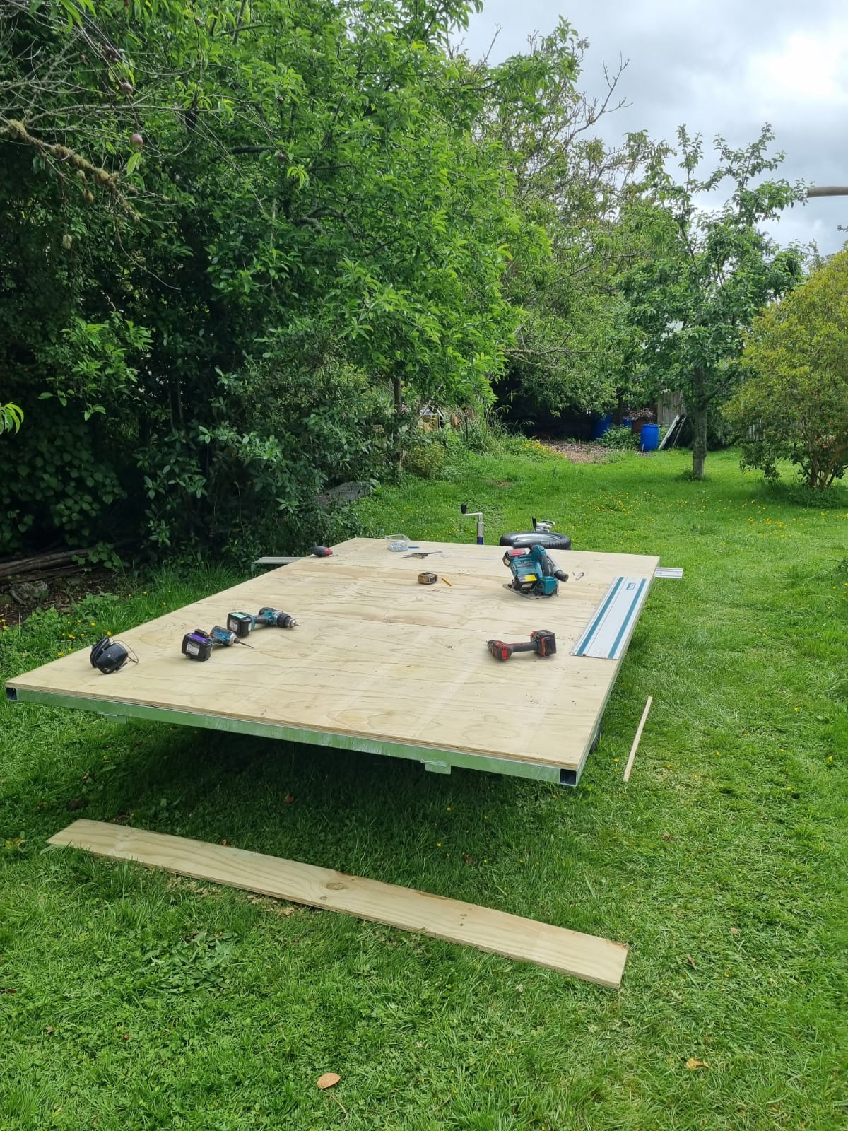 A large plywood platform or deck board set up outdoors on a grassy lawn, with power tools placed on top. Trees and shrubs are visible in the background, and a loose wood plank lies on the grass in the foreground.
